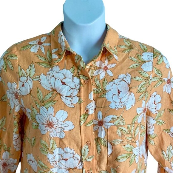 Blue Sol Linen Blend Floral Long Sleeve Button Up Shirt Roll Tab Women's Medium - Picture 6 of 10